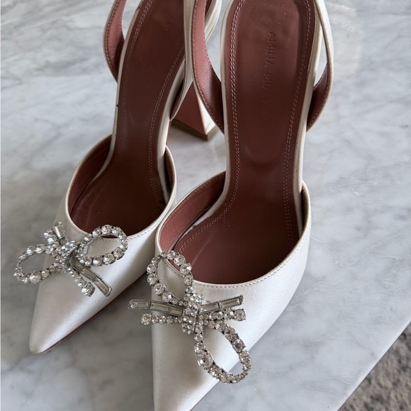 Amina Muaddi White Satin Heels with Crystal Bow - Picture 2 of 6